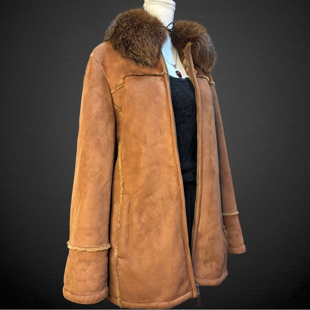 Stunning brown Y2K genuine fox fur trim suede like coat